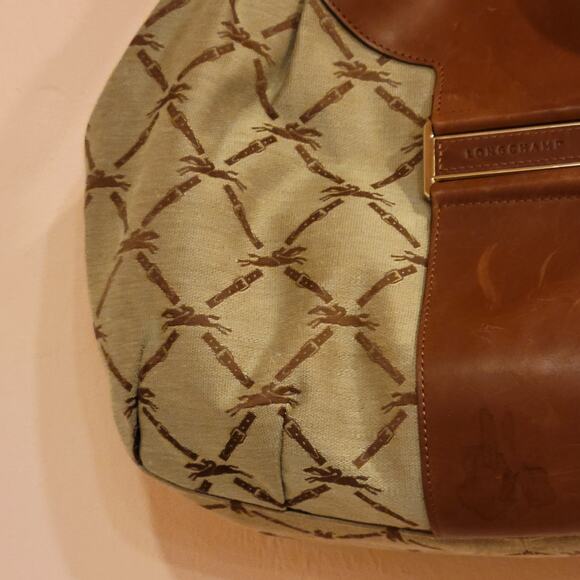 Rare Longchamp Logo Brown Jacquard & Brown Leather Hobo Shoulder Bag - Picture 9 of 16